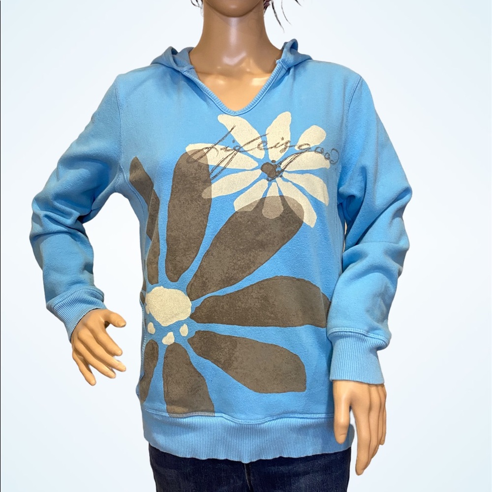 Life is Good Full Zip Blue Floral V-neck Hoodie Sweatshirt Size Small VGC
